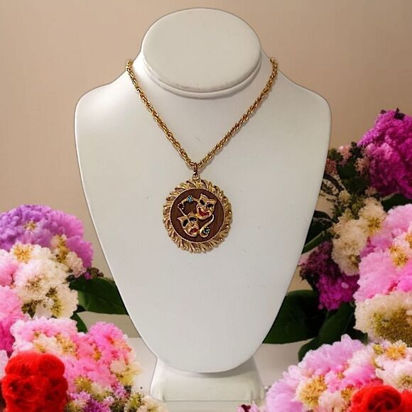 Vintage Comedy Tragedy Mask Necklace MCM Gold Tone Rhinestones Mardi Gras 70s - Picture 12 of 15